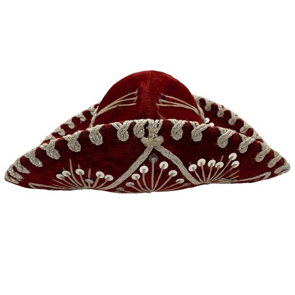 Pigalle Red SOMBRERO XXXX Vtg Small Mexican Mariachi Hat Sequined Embroidered - Picture 1 of 10